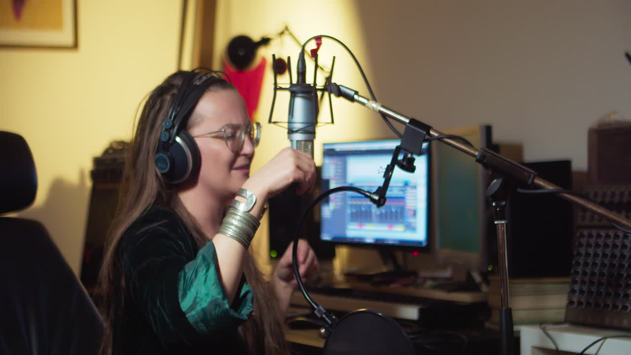 mujer con auriculares y micrófono, cantando y experimentando muy expresivamente su parte