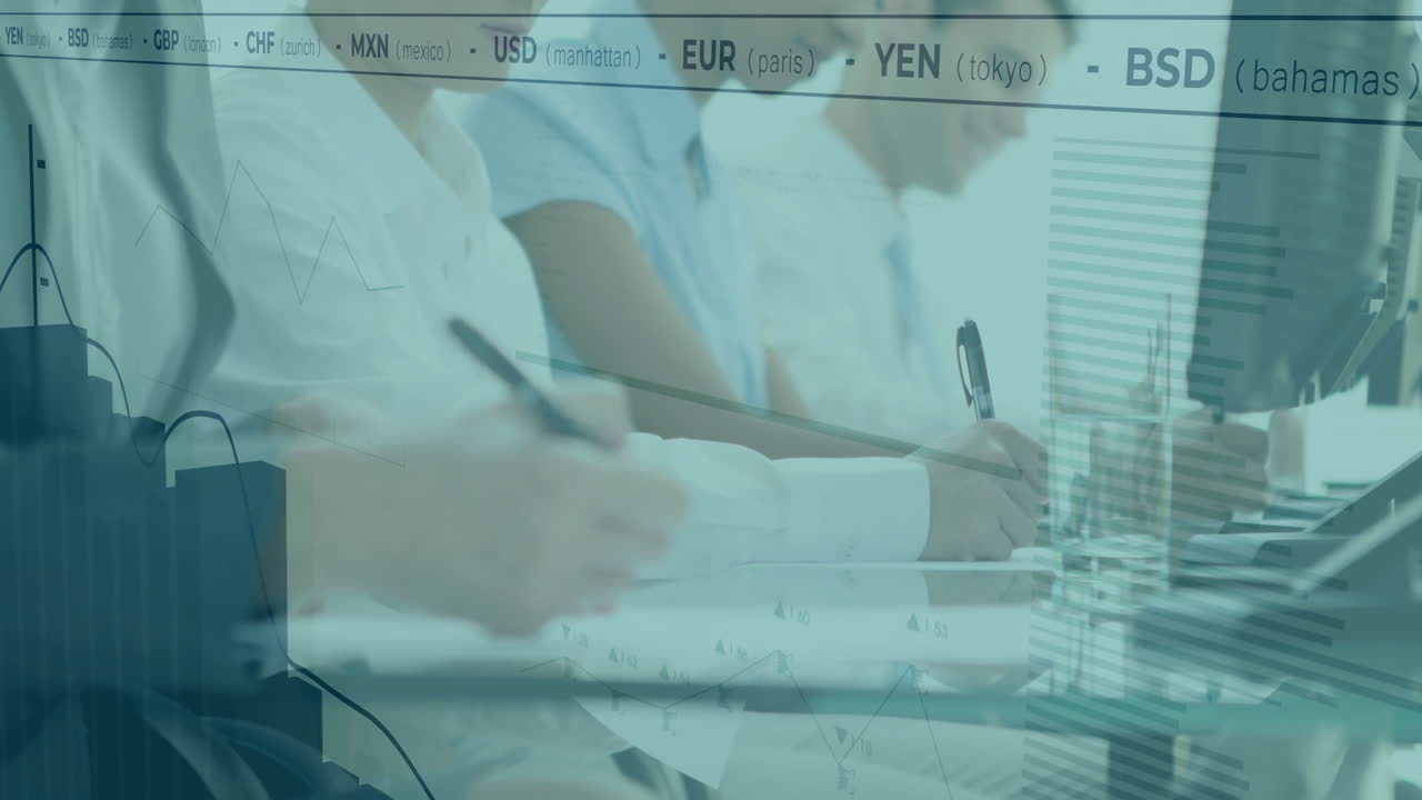 In school, professionals writing notes with animation of currency exchange rates overlay