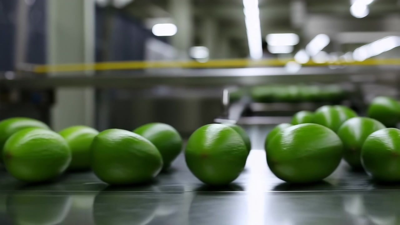Cena em movimento com profundidade de campo rasa de maçãs verdes brilhantes avançando em uma esteira transportadora de aço inoxidável dentro de uma instalação de embalagem iluminada, com reflexos, equipamentos limpos, fluxo de classificação e produção industrial.