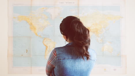 tourist woman looking at world map planning travel adventure