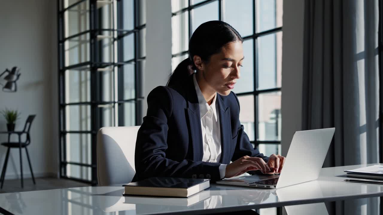 En professionel kvinde i jakkesæt arbejder på en bærbar computer ved et elegant skrivebord
