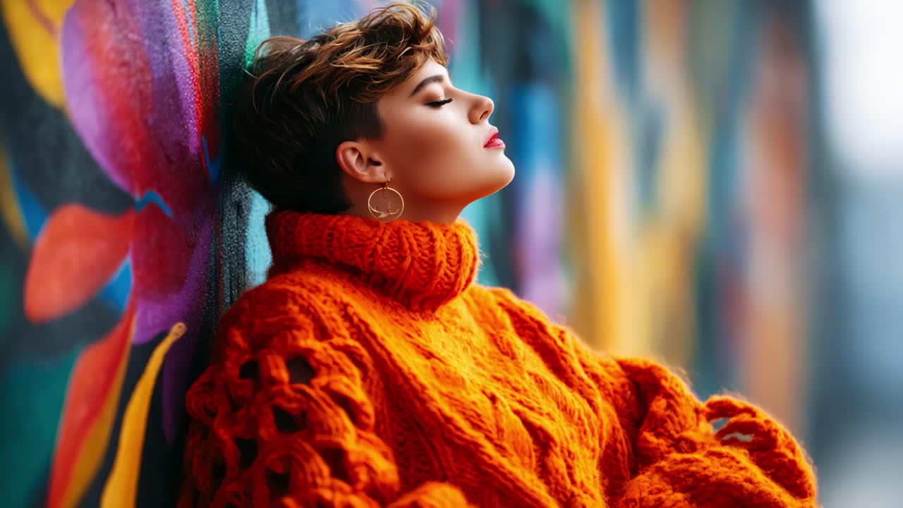A Fashionable Portrait of a Young Woman in an Orange Sweater Against a Colorful Background, Exuding Style and Confidence, Embracing the Vivid Street Art Around Her