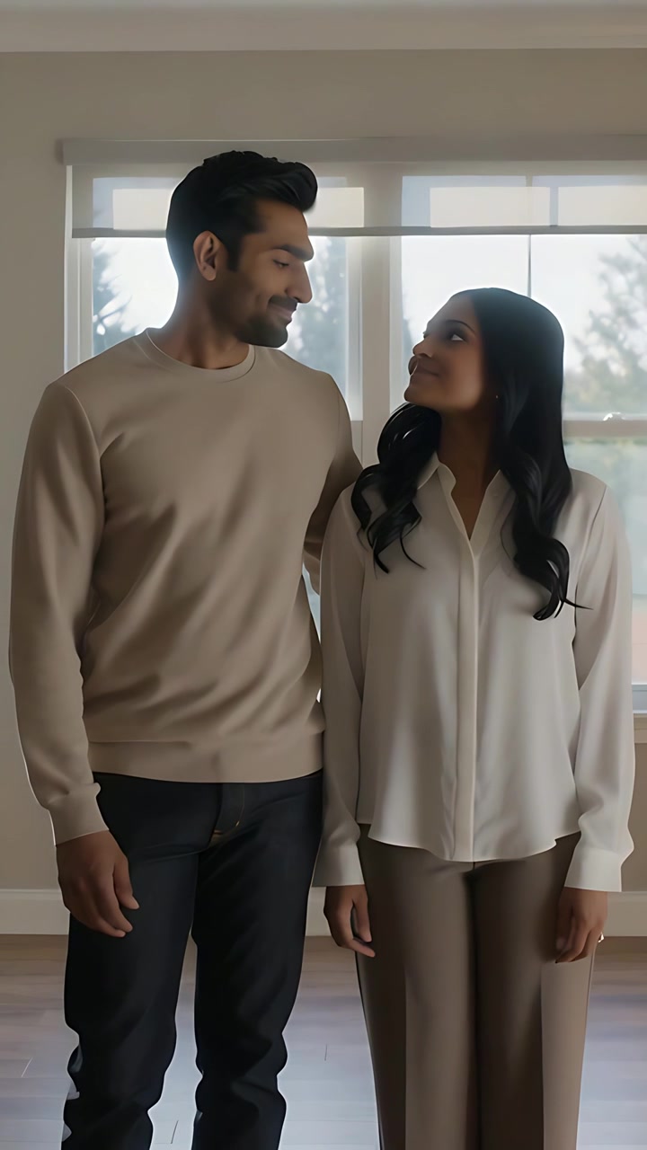 Video verticale: Ispezionando una coppia chiara che si appoggia, con l'uomo in beige che le cinge il braccio e sorride alla finestra di casa.