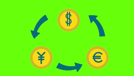 2d animation of transferring currencies on a green screen background