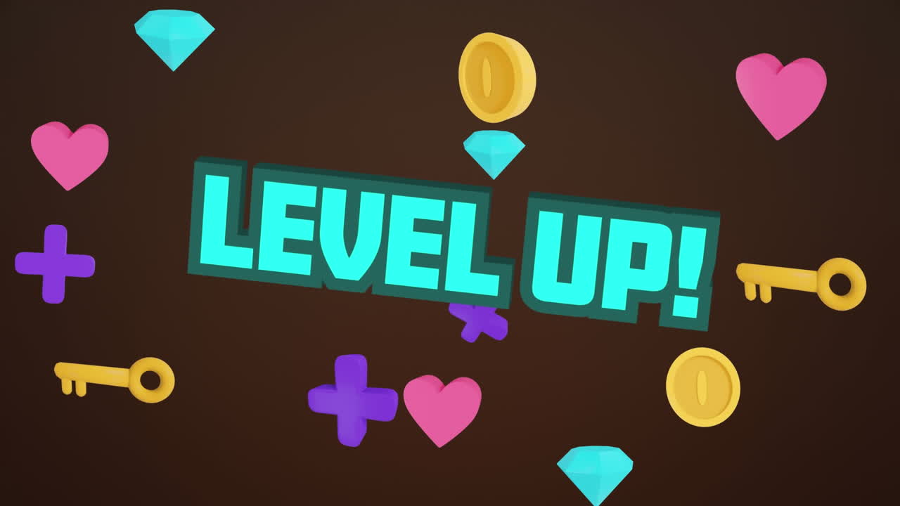 검은색 배경 위의 레벨 업 텍스트에 떨어지는 아이콘의 애니메이션