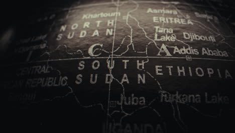 Close-up of a world globe showing South Sudan and Ethiopia