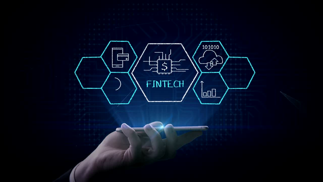 lifting a smart phone, mobile, Fin-tech icon and various graph. Futuristic financial technology. 4k movie. version 1.