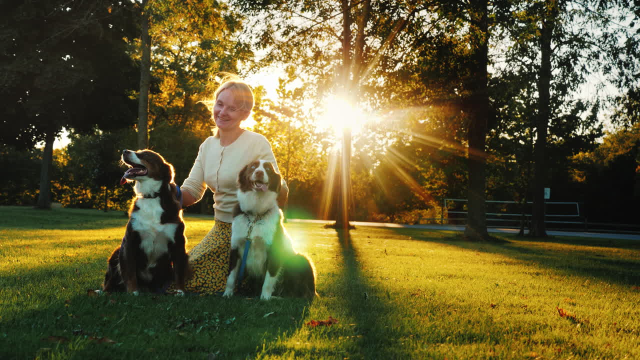 paseo de otoño en el parque con dos mascotas mujer paseando a sus perros