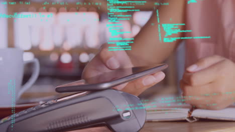 mujer pagando con un dispositivo móvil