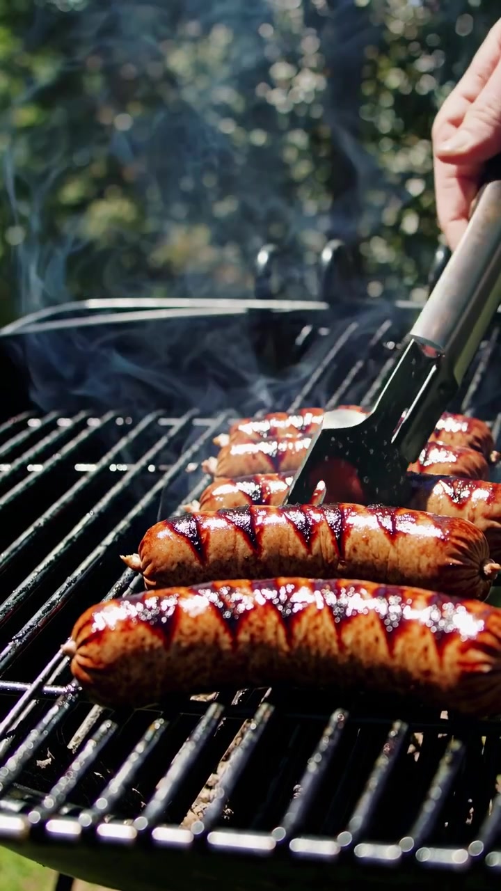 Girare deliziose salsicce su un barbecue all'aperto