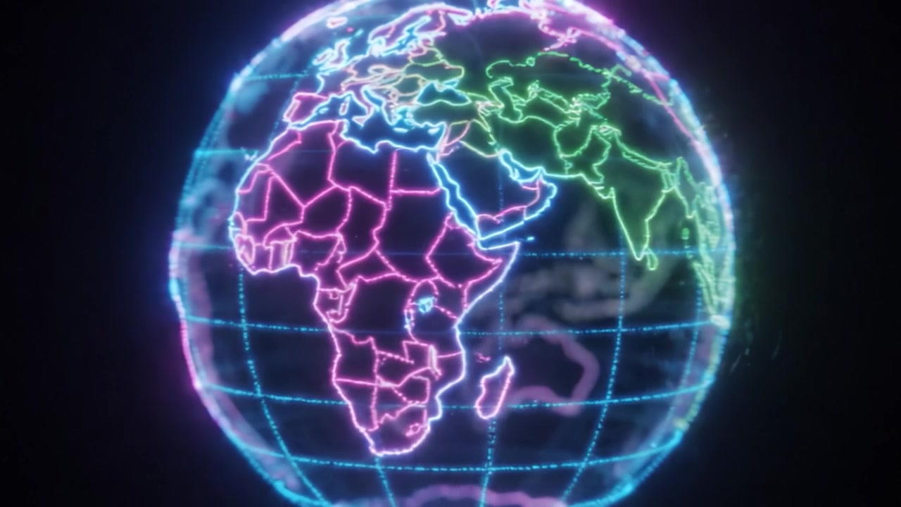 A Vibrant Digital Globe Displaying a Neon Network of Lines Across Continents, Highlighting the Interconnectivity of Our World in a Beautiful Visualization