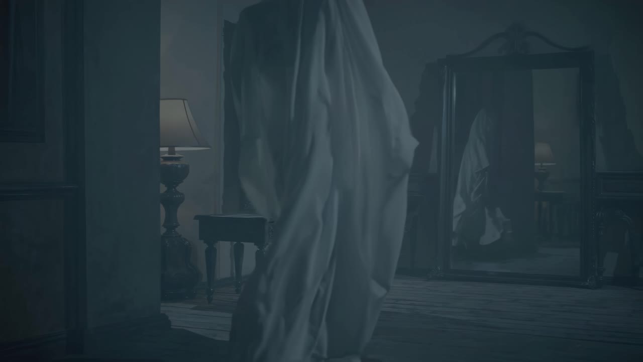 A dimly lit room with a ghostly figure draped in white fabric, captured in a low-angle shot