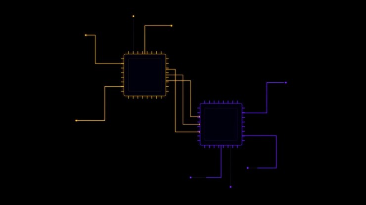 Digital Microchips Connecting with Data Lines on Black Background