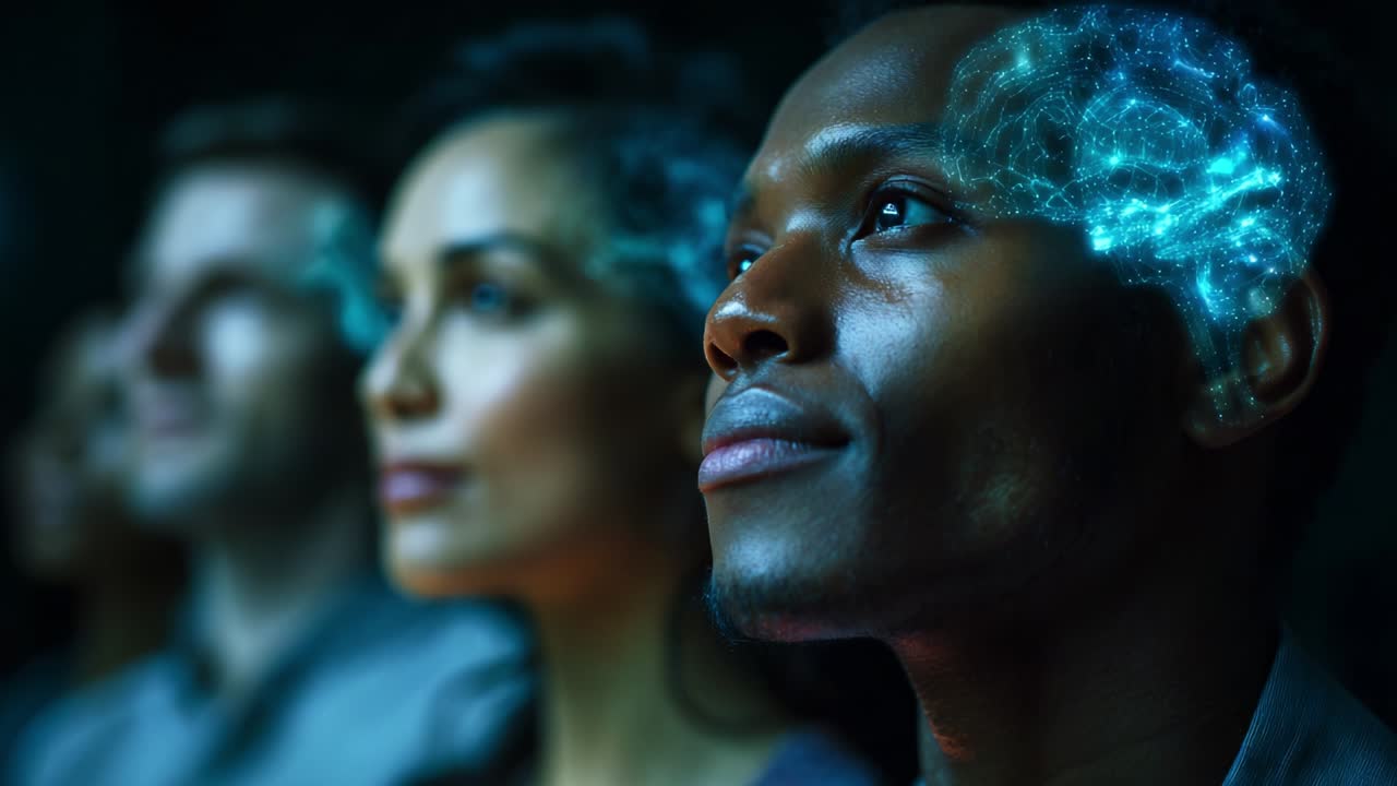 A group of engaged individuals experiencing a captivating multimedia presentation, with visible digital brain activity illuminating their thoughts. The atmosphere reflects innovation and curiosity, showcasing the intersection of technology and human cognition