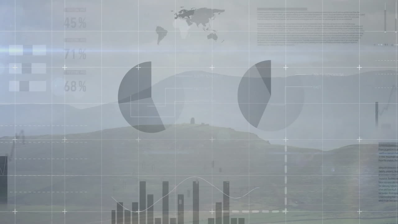 Animation of data charts and graphs overlaying misty landscape with world map