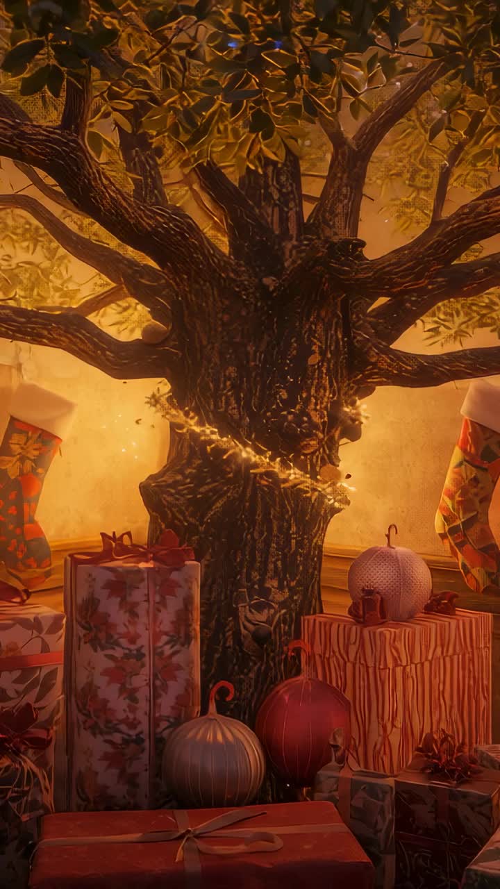 Vertical video: Emerging golden ribbon spiraling up tree stump in corner, with gifts, pumpkins