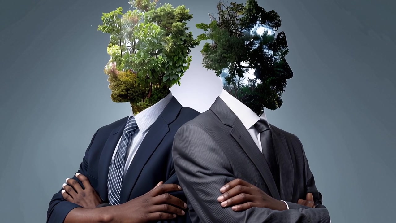 Conceptual Image of Businessmen with Nature Heads Turning Away