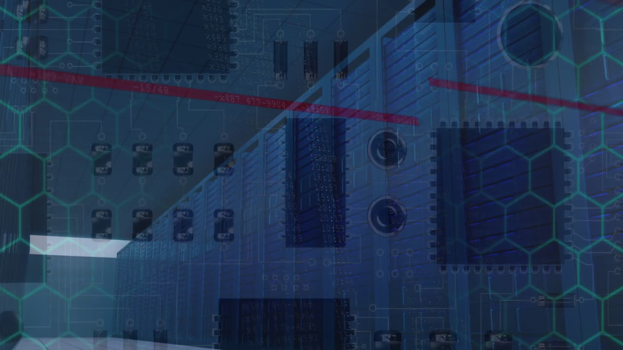 Animation of network of connections and data processing over server room