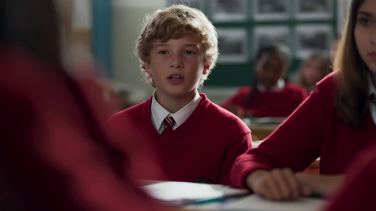 Students in red uniforms in a classroom