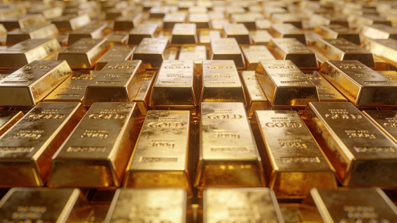 Video verticale: L'obiettivo si muove in avanti, zoomando su lingotti d'oro impilati che rivelano timbri per la finanza.