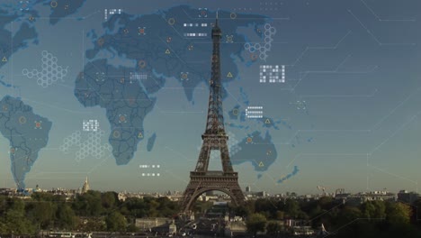 animation of data processing with world map over paris cityscape