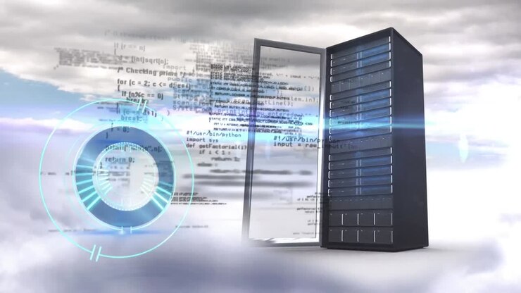 Animation of loading circle, data processing and server over clouds