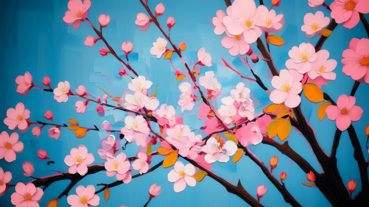 Vibrant close-up video of cherry blossoms painted in bold, abstract strokes against a bright blue