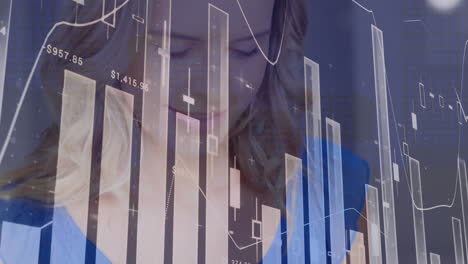 animación de procesamiento de datos estadísticos contra mujer caucásica usando tableta digital en la oficina