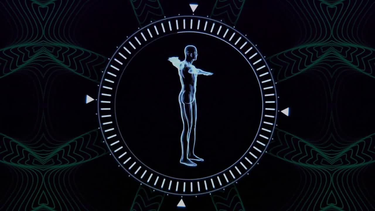 modelo humano azul girando en círculo con marcadores sobre formas azules