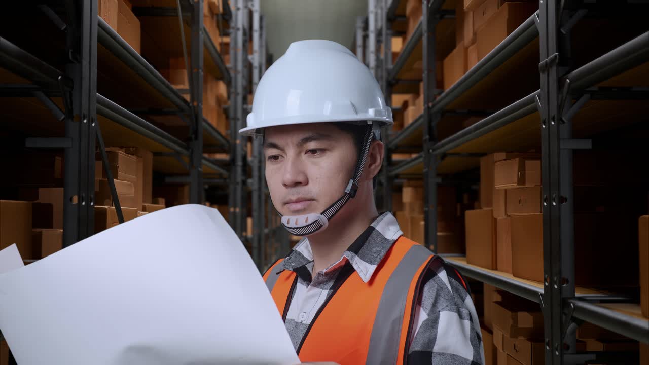 안전 헬을 입은 아시아 남성 엔지니어가 손에 청사진을 들고 창고에 서서 배달품으로 가득 찬 선반을 둘러보며 근접한 으로 보입니다.