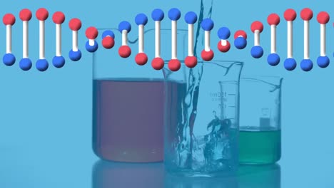 animation of dna strand spinning over laboratory beakers