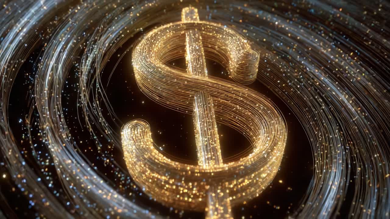Glistening dollar sign composed of luminous golden fiber optic cables rotates within a swirling vortex, symbolizing the dynamic flow of digital currency, wealth, and global finance