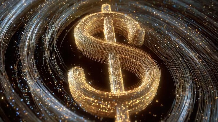 Un luccicante simbolo del dollaro composto da luminosi cavi in fibra ottica dorata ruota all'interno di un vortice turbinante, a simboleggiare il flusso dinamico di valuta digitale, ricchezza e finanza globale