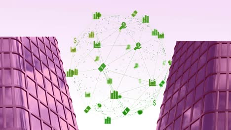 Animation-of-network-of-connections-with-icons-over-cityscape-on-white-background