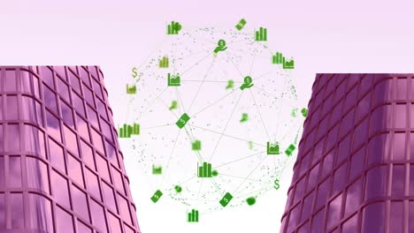 animación de la red de conexiones con iconos sobre el paisaje urbano sobre fondo blanco