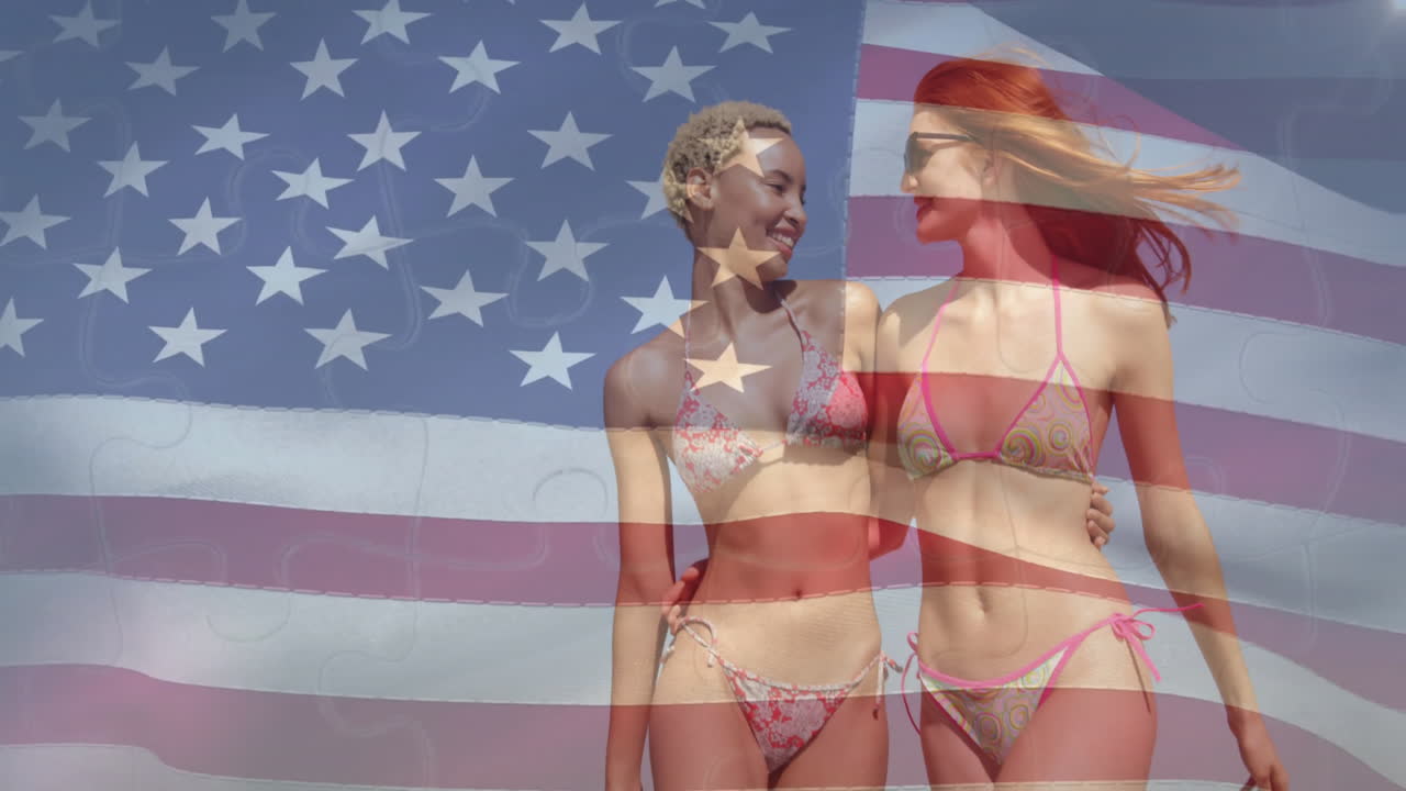 Smiling, two women in bikinis with American flag animation overlay