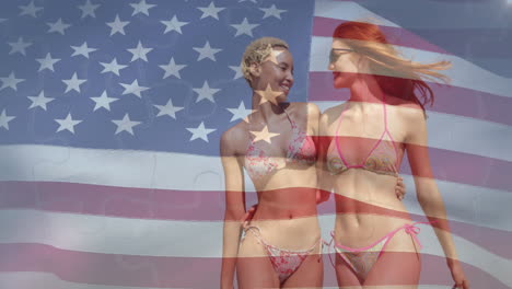 smiling, two women in bikinis with american flag animation overlay