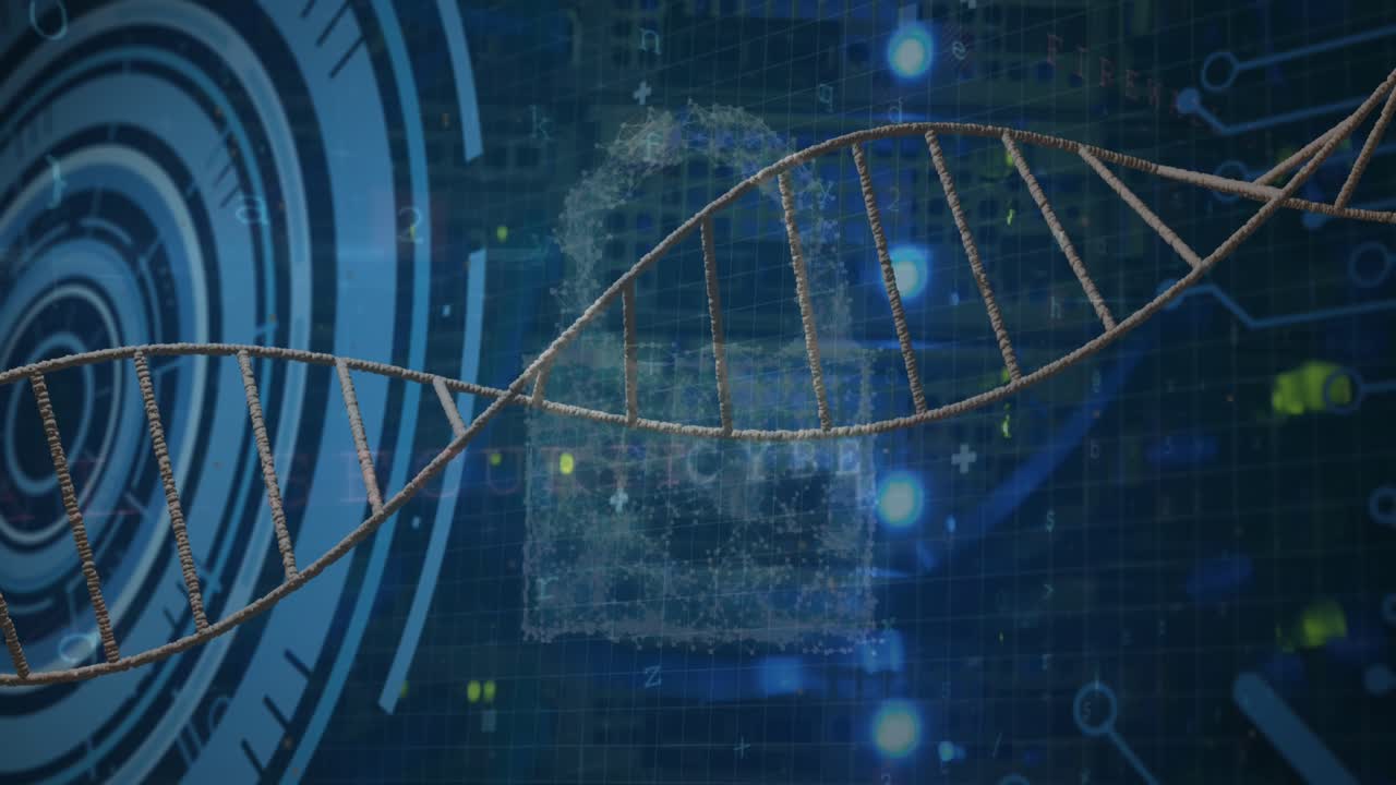 Animation of spinning dna strand over server room