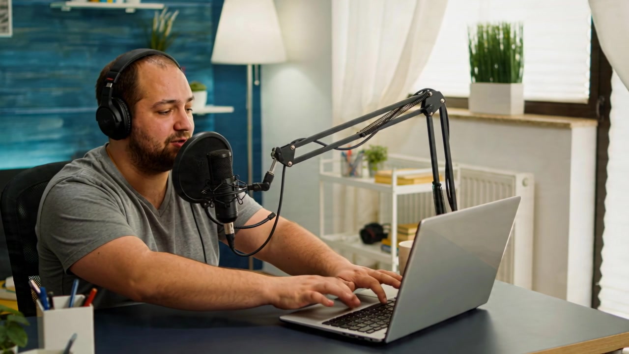 Starting recording, man in grey tee speaking into mic, typing on laptop, adjusting headset at home