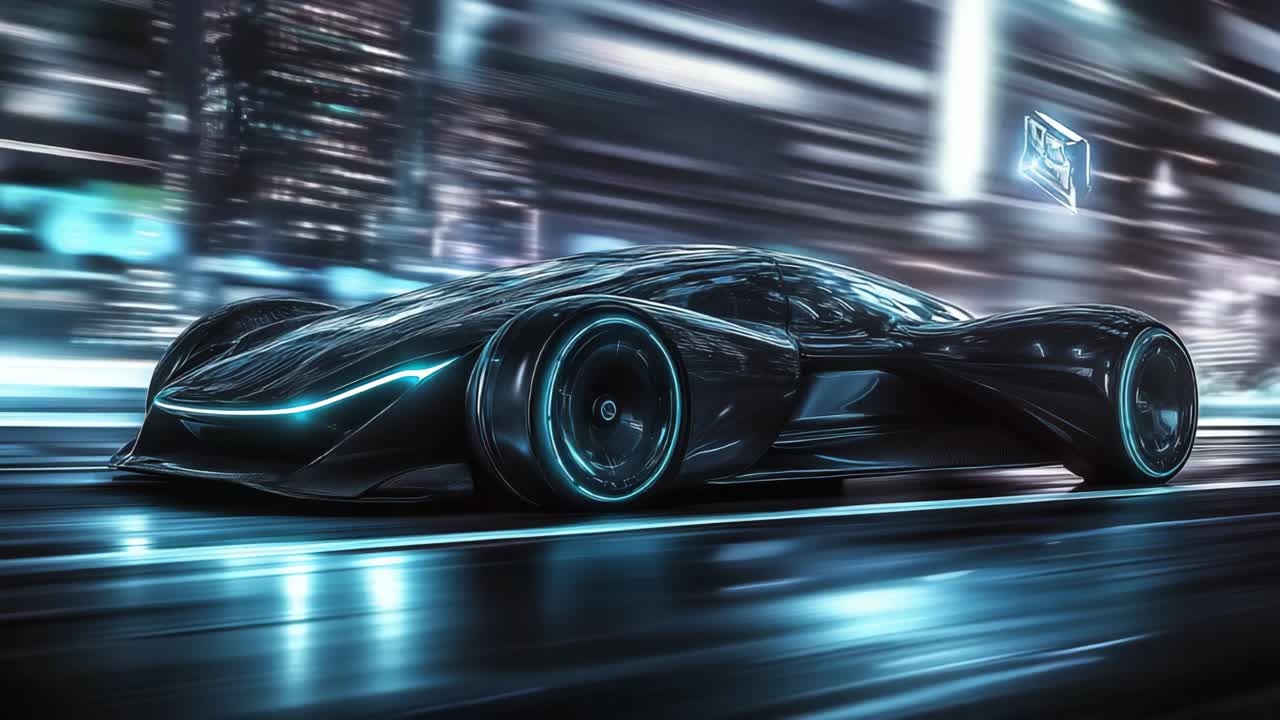 Futuristic Black Car in a Cyberpunk City at Night