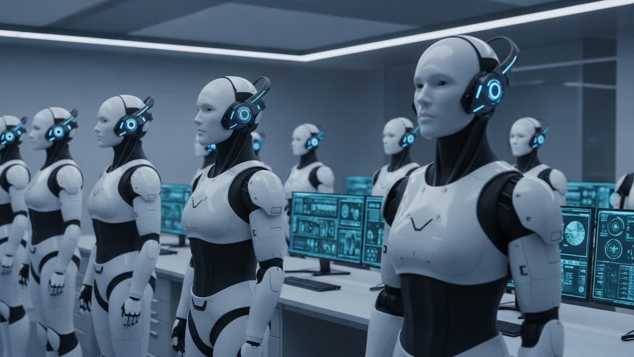 A Futuristic Assembly of Advanced Robots with Interactive Technology Interfaces in a High-Tech Environment, Showcasing the Progress of Artificial Intelligence and Robotics