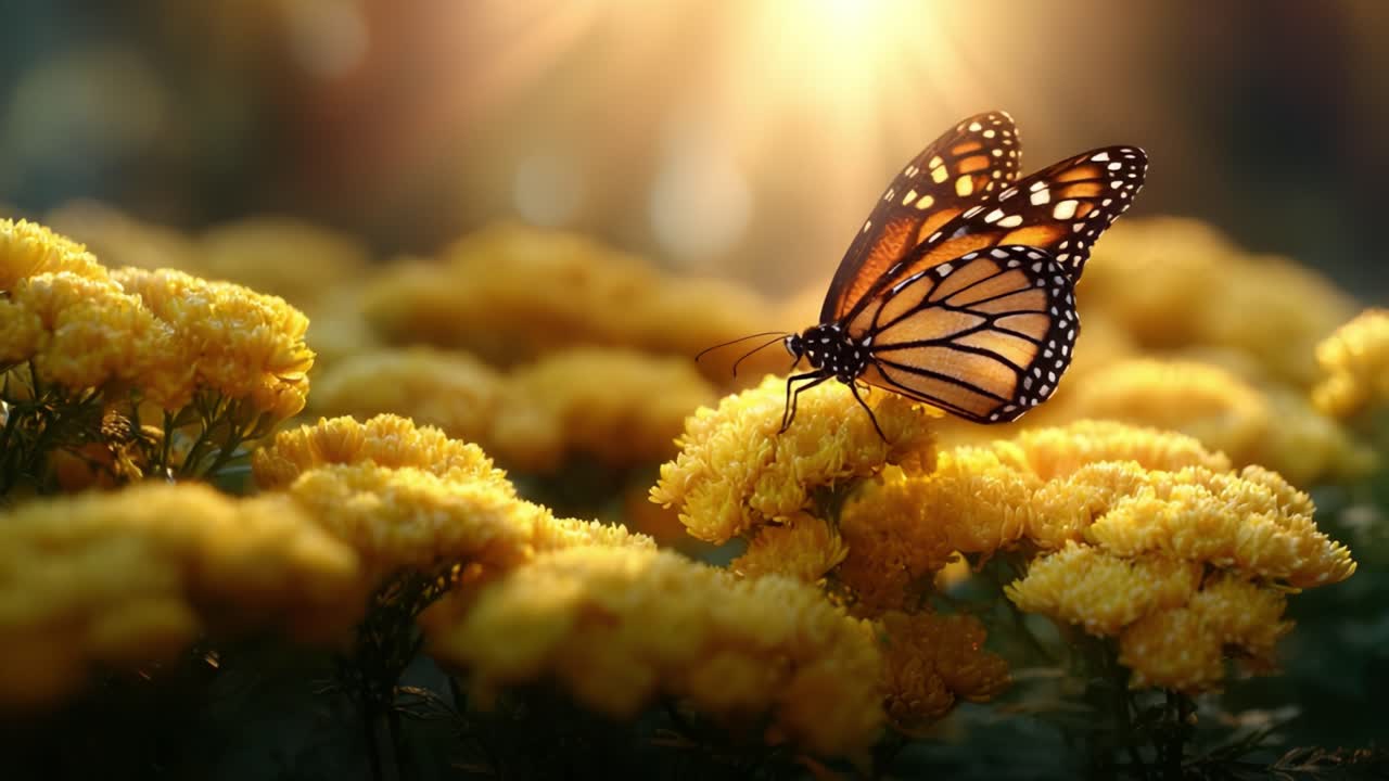 A Monarch Butterfly Delicately Perched on Vibrant Yellow Flowers, Bathed in Golden Sunlight, Capturing the Essence of Nature's Beauty and Tranquility in a Serene Garden Setting