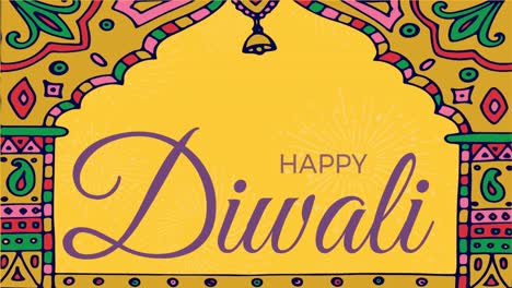 animación de texto feliz de diwali y formas coloridas sobre fondo naranja