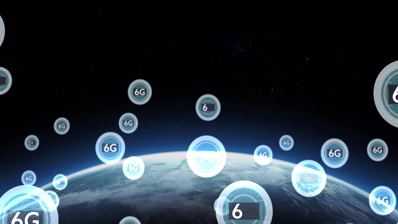 animación digital de texto múltiple de 6g en círculos azules contra el punto azul de luz sobre el globo