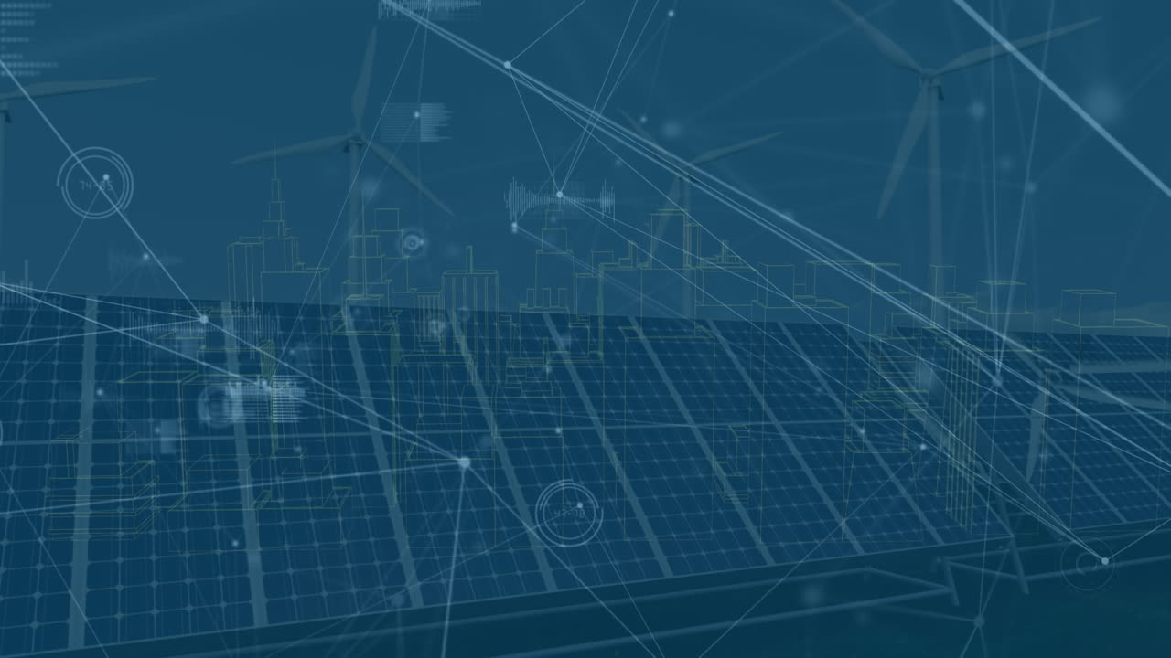 태양광 패널과 풍력 터빈을 이용한 연결 네트워크와 디지털 도시 풍경의 애니메이션