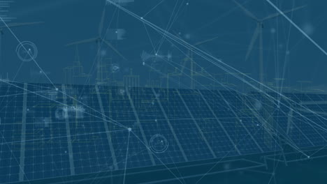 Animation of network of connections and digital cityscape over solar panels and wind turbines