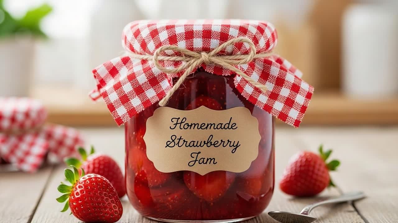 Deliciously Crafted Homemade Strawberry Jam in a Rustic Jar, Featuring Fresh Strawberries and a Charming Checkered Lid for a Perfect Kitchen Display