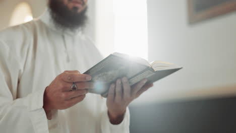 islam, prayer and man in mosque with quran