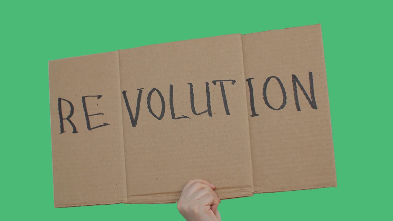 Protester holding revolution sign during political demonstration or strike