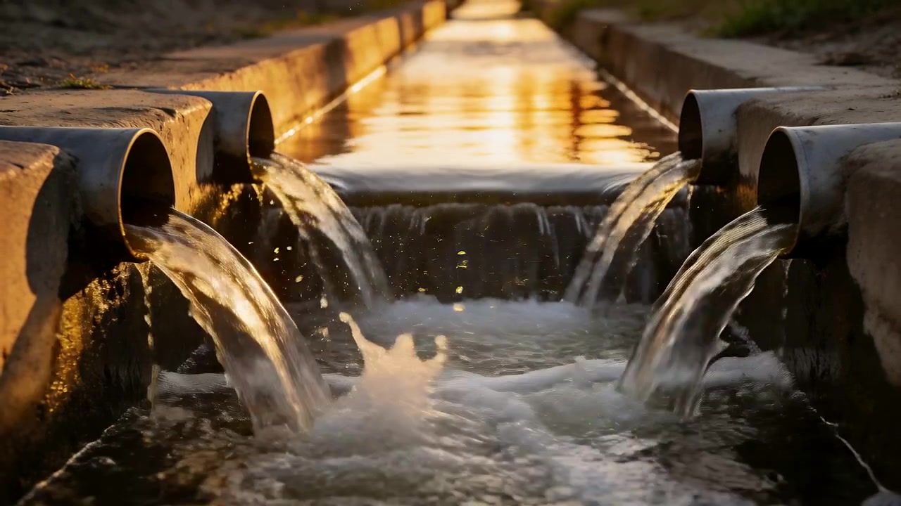 Inizio del flusso, quattro tubi di scarico che riversano il drenaggio in un canale di cemento, formando schiuma e bagliore.